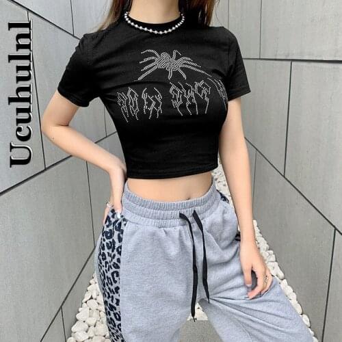 Ucuhulnl Gothic Harajuku Short Sleeve Black O-neck T-shirt Women Casual Spider Beading Slim Summer Tops