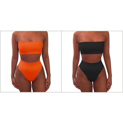 Womens Sexy Solid Color Tube Top Split Swimsuit 4-Piece High Waist Bikini Suit Swimsuit, Orange & Black XXXL