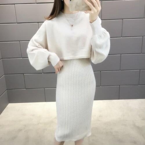 Autumn and winter knit suit female new style fashion green slim self-cultivation loose long knee dress short sweater two-piece