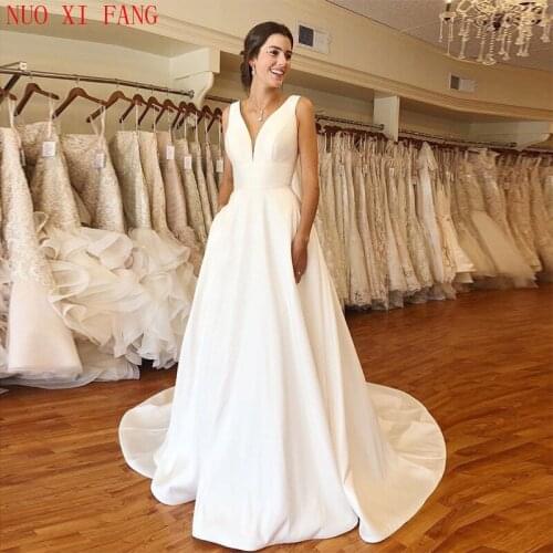 NUOXIFANG Elegant A-line Wedding Dresses V-neck White Ivory Simple Satin Vestidos De Novia 2020 Backless Wedding Bridal Gowns