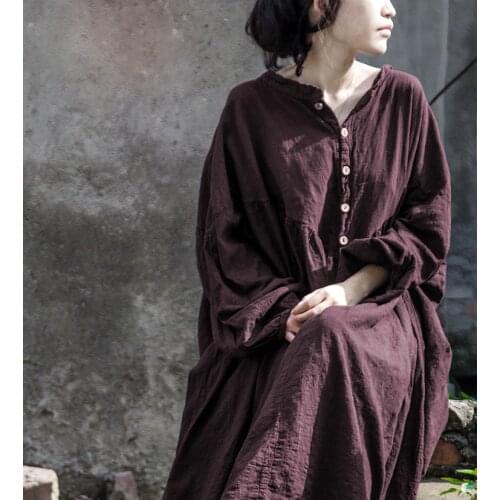 Women Cotton Linen Solid Color Vintage Dresses Female Lantern Sleeve Plus Size Dress Ladies Retro Dress 2020 Spring