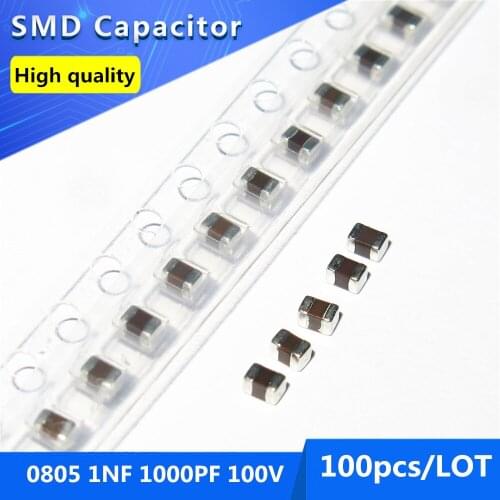 100pcs 0805 1NF 1000PF 100V 10% Thick Film Chip Multilayer Ceramic Capacitor