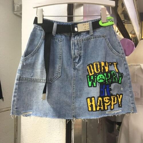 2021 Summer New Fashion Graffiti Printing Hole Mini Denim Skirt Female High Waist A-line Package Hip Skirt With Belt Y1255