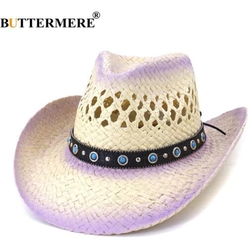 BUTTERMERE Purple Womens Summer Hat Western Cowboy Hat Handmade Female Wide Brim Sombrero Sun Protective Beach Sun Hats