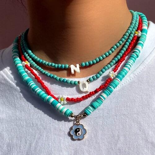 Bohemia Natural Shell 26 Letter Beaded Necklace Women Shell Initial Necklaces Turquoise Bead Strand Summer Fashion Jewelry DIY