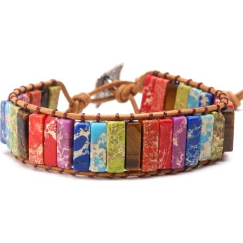 Chakra 7 Colorful Natural Stone Woven Bracelet Adjustable Ethnic Style Leather
