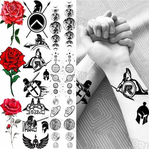 Black Spartan Knight Small Temporary Tattoos For Women Girls Cosmic Planet Rose Flower Fake Tattoo Sticker Arm Tatoos Military