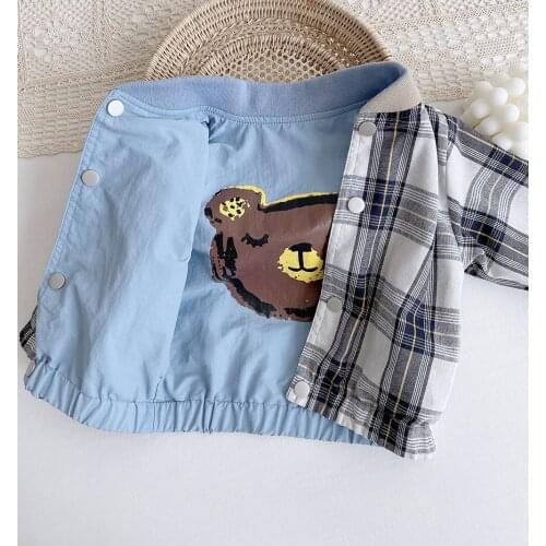 Spring Reversible Coat Cartoon Bear Blue Baseball Plaid Girls Jackets Boys Clothing 2-7 Years Old Autumn Fashion Unisex Coat