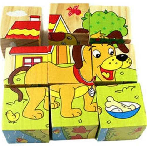 Wooden Cartoon Animal Puzzle Toys 6 Sides Wisdom Jigsaw Early Education Learning Toys For Children Game 9pcs Single 3D Puzzle