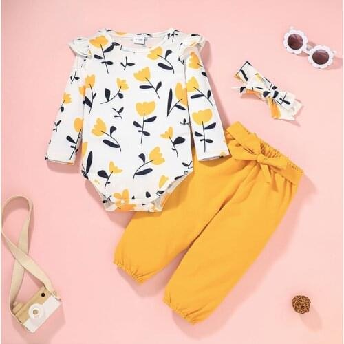 Childrens Floral Printed Romper Suit Baby Spring and Autumn Long Sleeve Onesie and Pants Two-piece Set for Girls