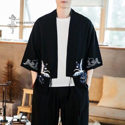 Japanese Kimono Print Yukata Coat Samurai Crane Harajuku Style Japan Haori Cardigan Tops Asian Chinese Traditional Shirt Costume