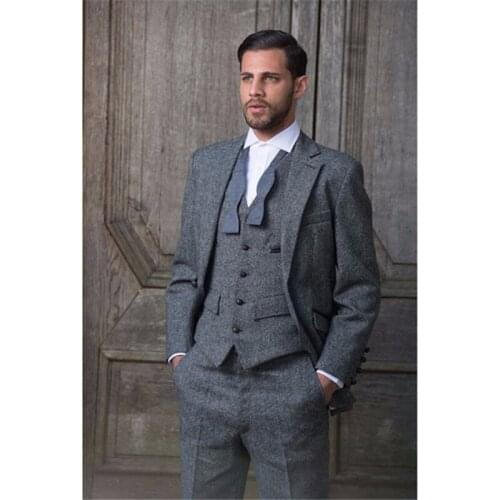 2019 Custom Made Grey Tweed Formal Men Suit Slim Fit Classic Custom Mens Tuxedo 3 Piece Wedding Suits (Jacket+Pants+Vest)