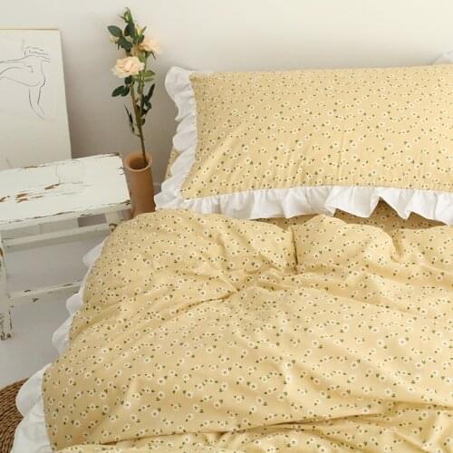 Cotton bedding set yellow lace large double bed gentle lovely girl room decoration duvet cover sheet set fitted sheet
