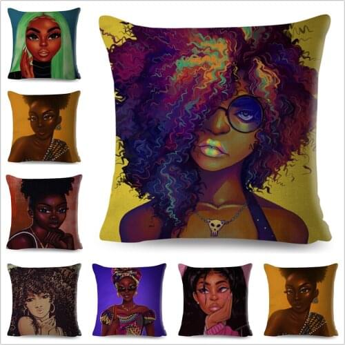 Colorful Black Women Pillow Case Decor Beautiful Cartoon Africa Girl Cushion Cover for Sofa Car Home Polyester Pillowcase 45x45