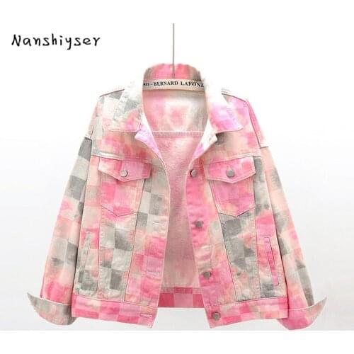 Korean Plus size Loose Color Print Women Short denim jacket New Autumn Harajuku Yellow Pink Jean jacket Casual Jaqueta feminina