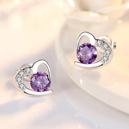 Cute 925 Sterling Silver Earrings Simple White Purple Love Heart-shaped Cross Amethyst Zircon Earrings for Women Gift Pendientes