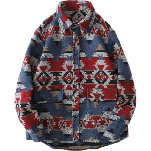 Retro Diamond Long Sleeve Shirt Men Harajuku National Style Knitted Shirt Streetwear Color Block Snap Button Shirt Autumn Cotton