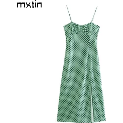 MXTIN 2021 Women Summer Fashion Polka Dot Split Midi Dress Vintage Sleeveless Back Bow Tie Button Female Party Dresses Vestidos