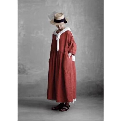 2020 summer new thin all linen round neck solid forest womens mid long swing dress