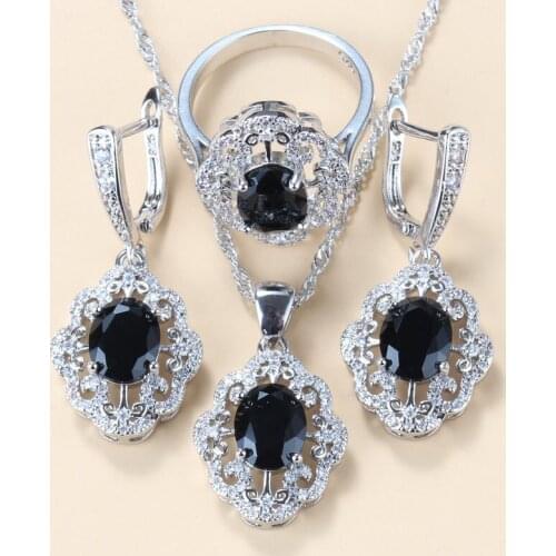 New Occident Punk Style 925 Silver Jewelry Sets Black Cubic Zirconia Dangle Earrings And Necklace Ring Sets For Women Costume