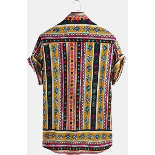 New Men Ethnic Style Beach Shirt Tops Geometric Pattern Buttons Men Lapel Leisure Short Sleeve Shirt for Party Streetwear