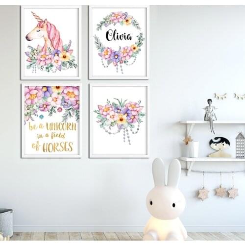 Personalized Girl Nursery Wall Art Unicorn Canvas Poster Custom Baby Name Sign Flower Girls Bedroom Print Painting Decor Picture