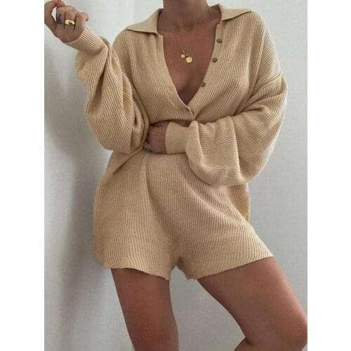 Spring and Autumn Womens One-piece Shorts Sexy Button Cardigan Coat Sweater Slim Sports Suit Casual One-piece