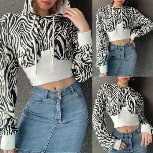 Kili Zebra Pattern Stitching Hooded Waist Sweater Women Round Neck Long Sleeve Casual Streetwear T-Shirt Top