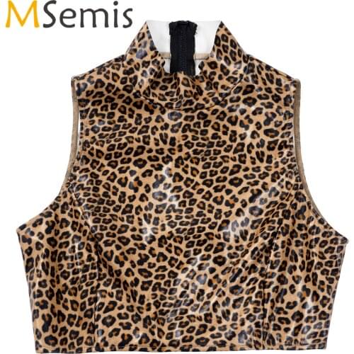 Women Fashion Leopard Print Faux Leather Sleeveless Rave Crop Top Pole Dance Sexy Clubwear Mock Neck Zipper Back Cropped T-shirt