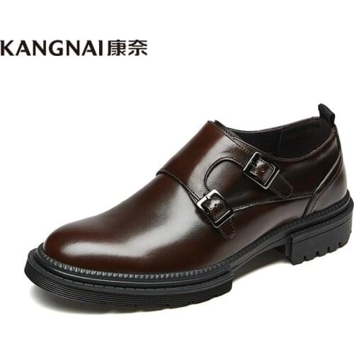KANGNAI Men Monk Shoes Genuine Leather Pointed Toe Formal Business Suit Shoes Lace-Up Elegant Shoes Black Brogue Shoes for Man