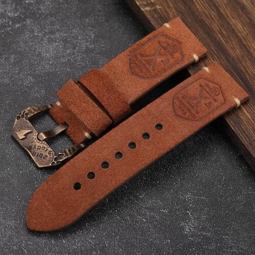Handmade Suede Leather Strap 20 22 24MM Brown Top Layer Cowhide Soft Bracelet Suitable For Bronze Watch Buckle Mens Bracelet