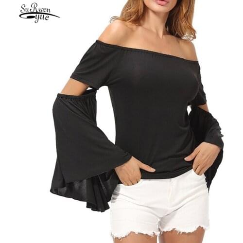 Autumn New Sexy Off Shoulder Flared Sleeve Black T-Shirt Womens T-shirt All Match Slim Women Tops Stylish Chemisier Femme 12435