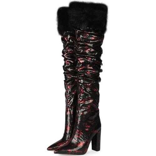 Woman Winter Fashion Faux Fur Leg Warmers Long Boot Knee High Thick Heel Female Pointed Toe Boots Shoes
