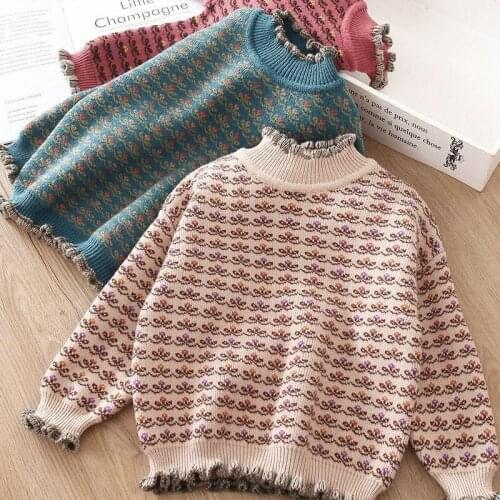 2-12 Years Winter Kids Girls Fleece Knitted Pullover Sweaters Floral Spring Autmn Children Long Sleeve Tops Thicken Sweater