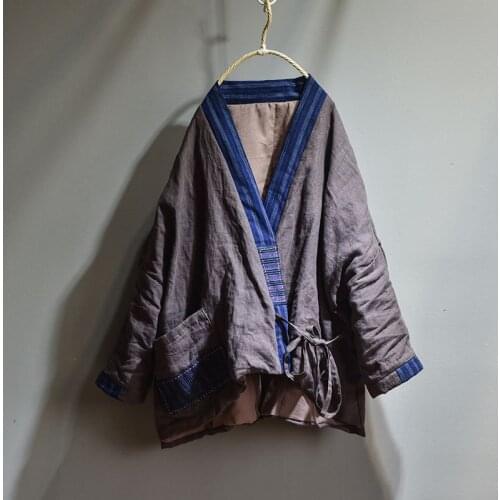 Women Loose V Neck Linen Patchwork Padded Coat Outerwear Parkas Ladies Vintage Spliced Coat Female Topcoat 2020 Winter