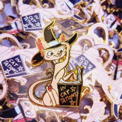 In Cat Tations Sphynx Hard Enamel Pin Cartoon Animal Cute Cats Medal Brooch Mysterious Witch Magic Book Kitty Badge Jewelry