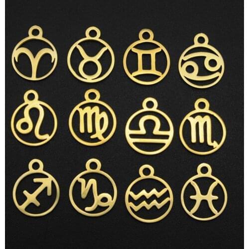 12pcs/lot Stainless Steel Gold Color Twelve Zodiac Charm DIY Constellation Pendants for Making Jewelry Accessories Findings