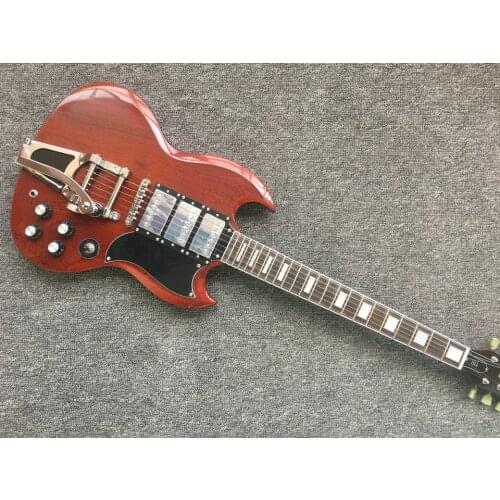 Bigsby tremolo brown colour 3 humbucker pickups black big pickguard custom guitar rosewood fretboard