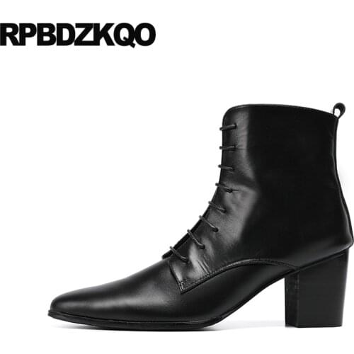 Lace up chunky plus size full grain leather luxury pointed toe booties designer shoes black mens high heel boots outdoor zipper