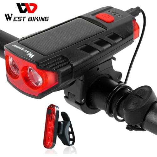 WEST BIKING Solar Power Bicycle Light 2000mAh USB Rechargeable T6 LED Cycling Headlight Waterproof 120dB Bike Horn Warning Lamp