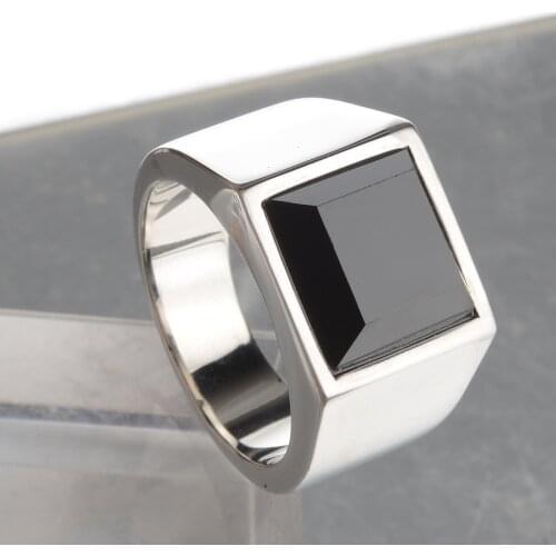 Punk Black Onyx Stone Rings Stainless Steel Gold Flat Black Stone Signet Ring Men Never Fade Rock Fashion Punk Square Jewelry