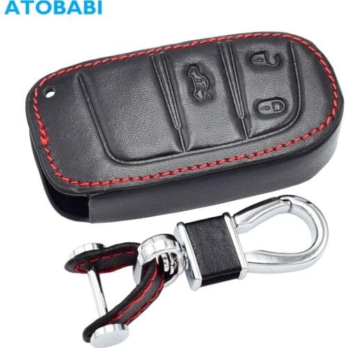 Leather Key Cover Case For Jeep 2014 2016 Grand Cherokee Dodge 3 Buttons Smart Remote Control Fob Protector Cover Keychain Bag