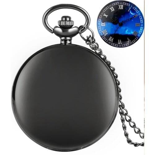 Creative Starry Sky Aurora Blue Round Dial Quartz Pocket Watch Necklace Smooth Face Pendant Chain FOB Clock Gifts for Men Women
