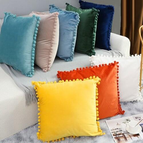 Square 45*45cm Soft Velvet Cushion Cover with Pompom Ball White Yellow Blue Pillow Cover Bedroom Sofa Decoration Pillow Cases