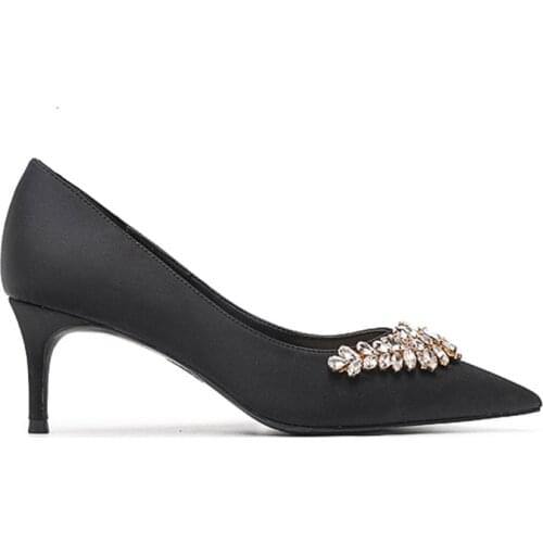 Fashion Rhinestone High Heels Women Shoes Genuine Leather Women Shoes Pointed Toe Silk Pumps Wedding Shoes Size 33-42 Black