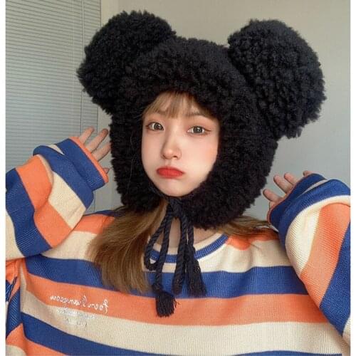 New Lovely Mickey Big-ear Cashmere Bomber Hats Women Fluffy Hat with Ears Autumn Winter Cute Pullover Earmuffs Warm Cap Beanies