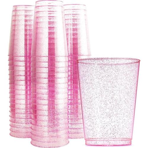 12 oz Disposable Cup Transparent Golden Pink Glitter Plastic Retro Glass Wedding Banquet Birthday Party Tableware Supplies