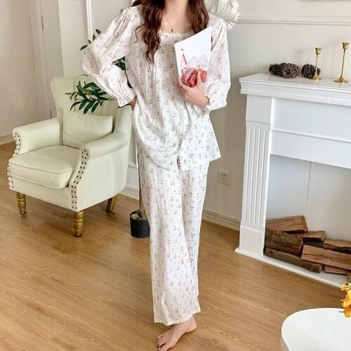 French white floral print homewear women sleepwear two piece set autumn spring pajamas long sleeve lacework cardigan pants L405