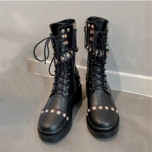 PXELENA Punk Rock Gothic Rivet Buckle Motorcycle Military Biker Boots Women Genuine Leather Chunky Med Heels Autumn Winter Shoes