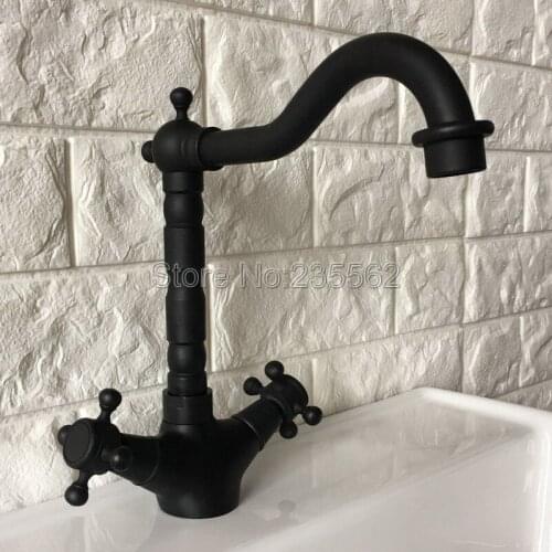 Black Oil Antique Brass Bathroom Basin Faucet Swivel Spout Kitchen Sink Mixer Faucets Deck Mounted Dual Handle Taps lnf344